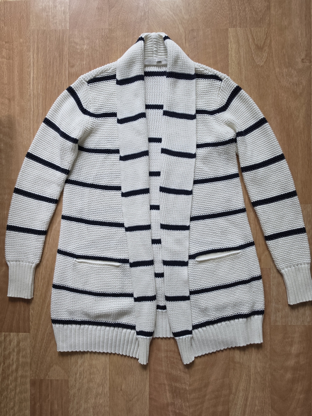 🍁ATHLETA🍁IVORY & NAVY STRIPED OPEN FRONT SHAWL COLLAR CARDIGAN SWEATER, SZ. M
